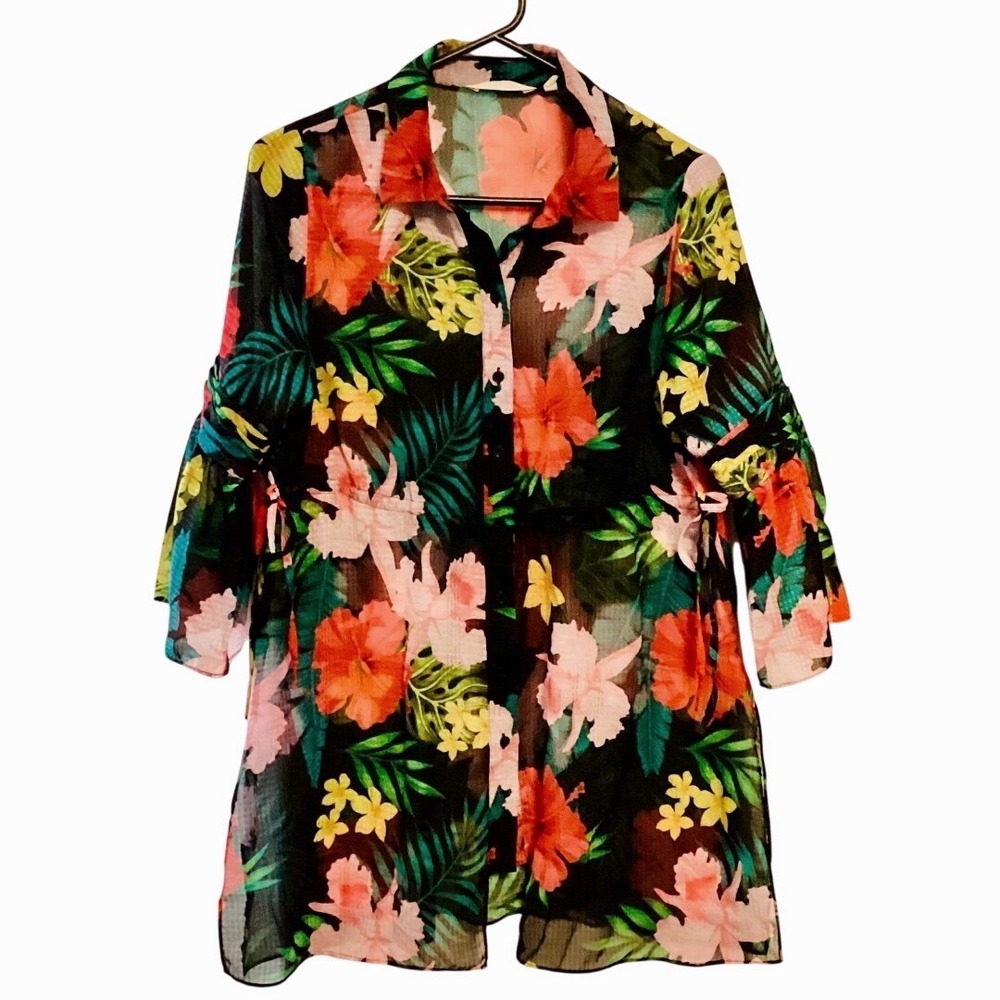 SOFT‎ SURROUNDINGS Sheer Floral Button Up Peplum Kimono Cover-up Top SP